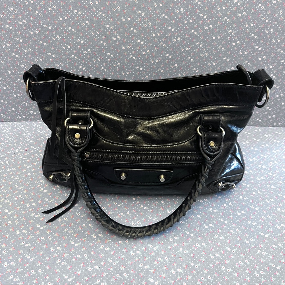 Black Leather Satchel Handbag